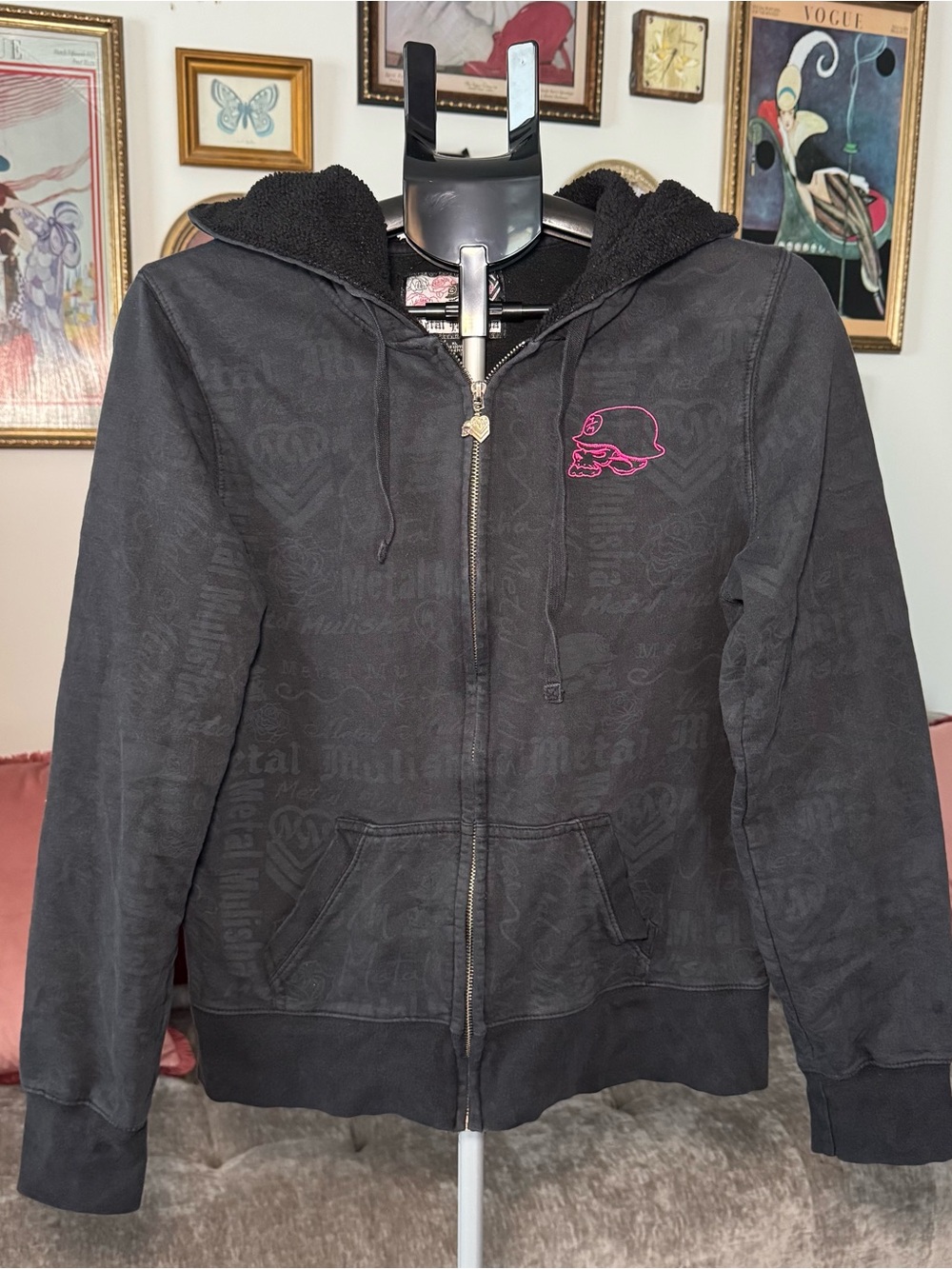 Y2K Metal Mulisha Black Zip Hoodie with Pink Skull Logo